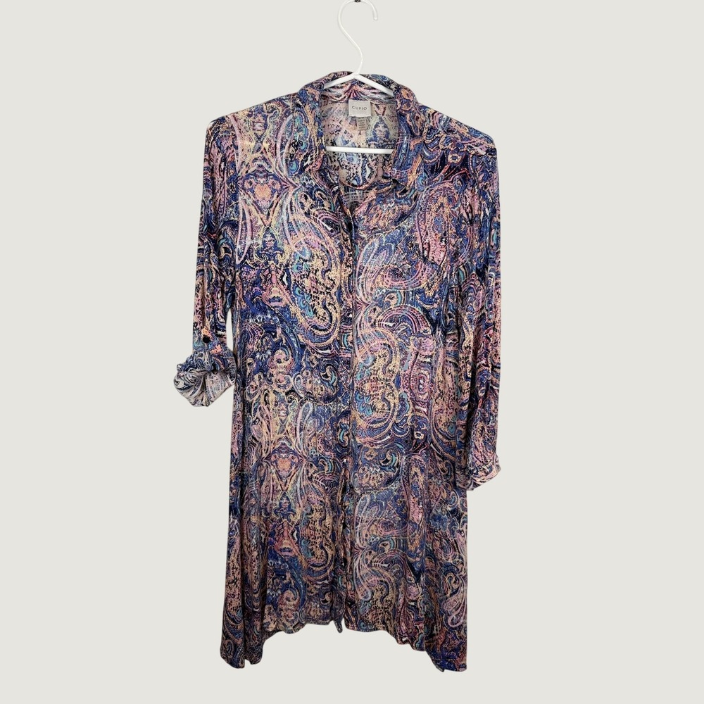 Cupio Paisley Print Button Down Shirt Dress Blue Pink Viscose Long Sleeve L
